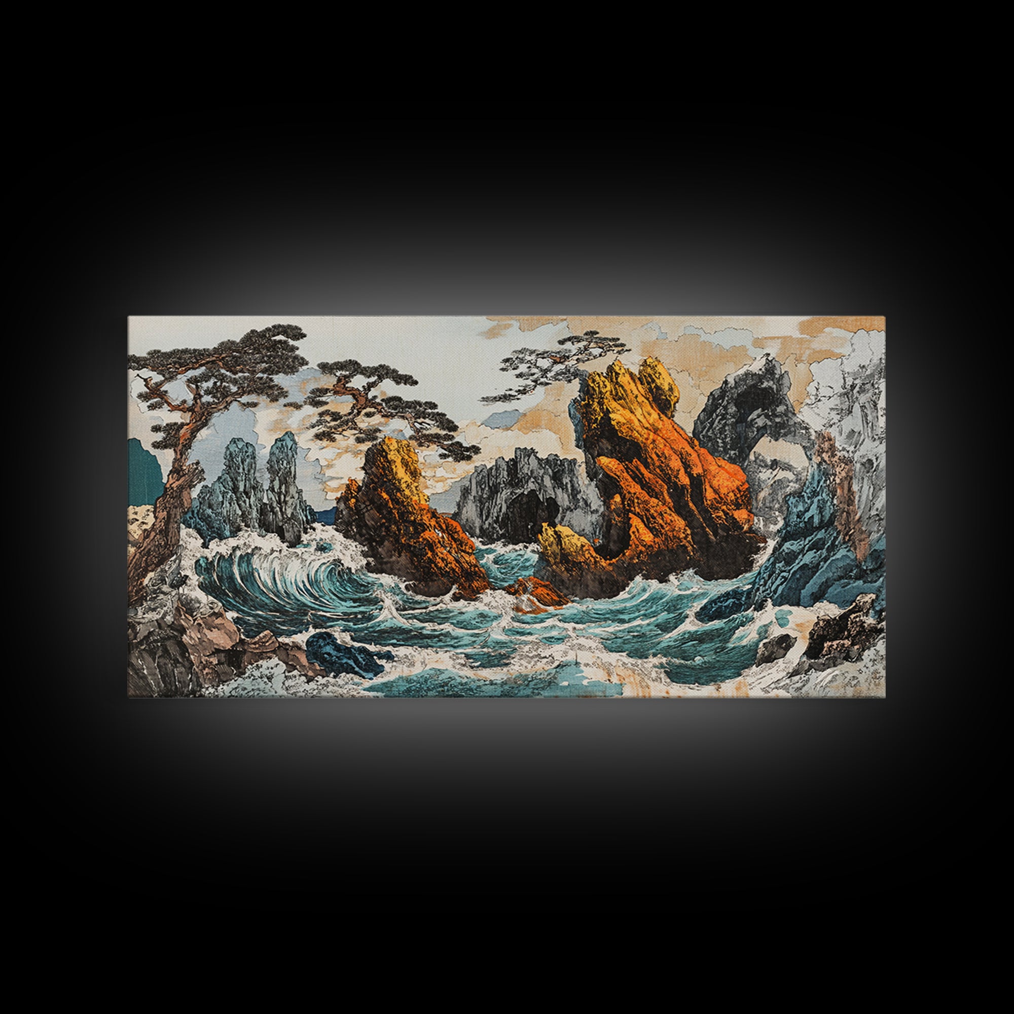 Dramatic Rocky Ocean Waves Framed Canvas Print, Japanese Seascape Wall Art, Coastal Landscape, Nautical Living Room Decor