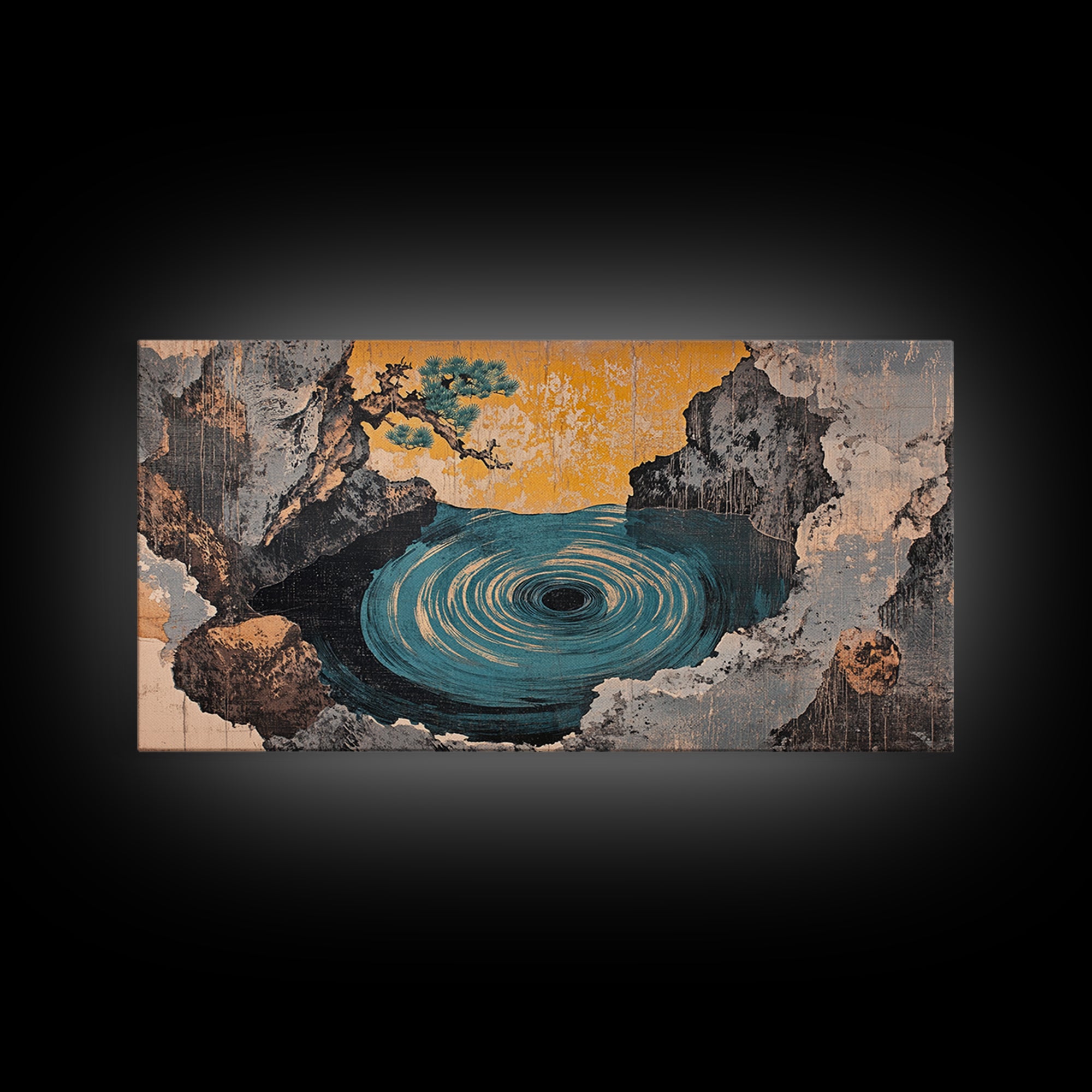 Mystic Ocean Whirlpool Cave Framed Canvas Print, Japanese Seascape Wall Art, Moody Coastal Decor, Fantasy Landscape Art Print