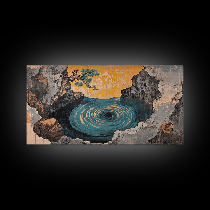 Mystic Ocean Whirlpool Cave Framed Canvas Print, Japanese Seascape Wall Art, Moody Coastal Decor, Fantasy Landscape Art Print
