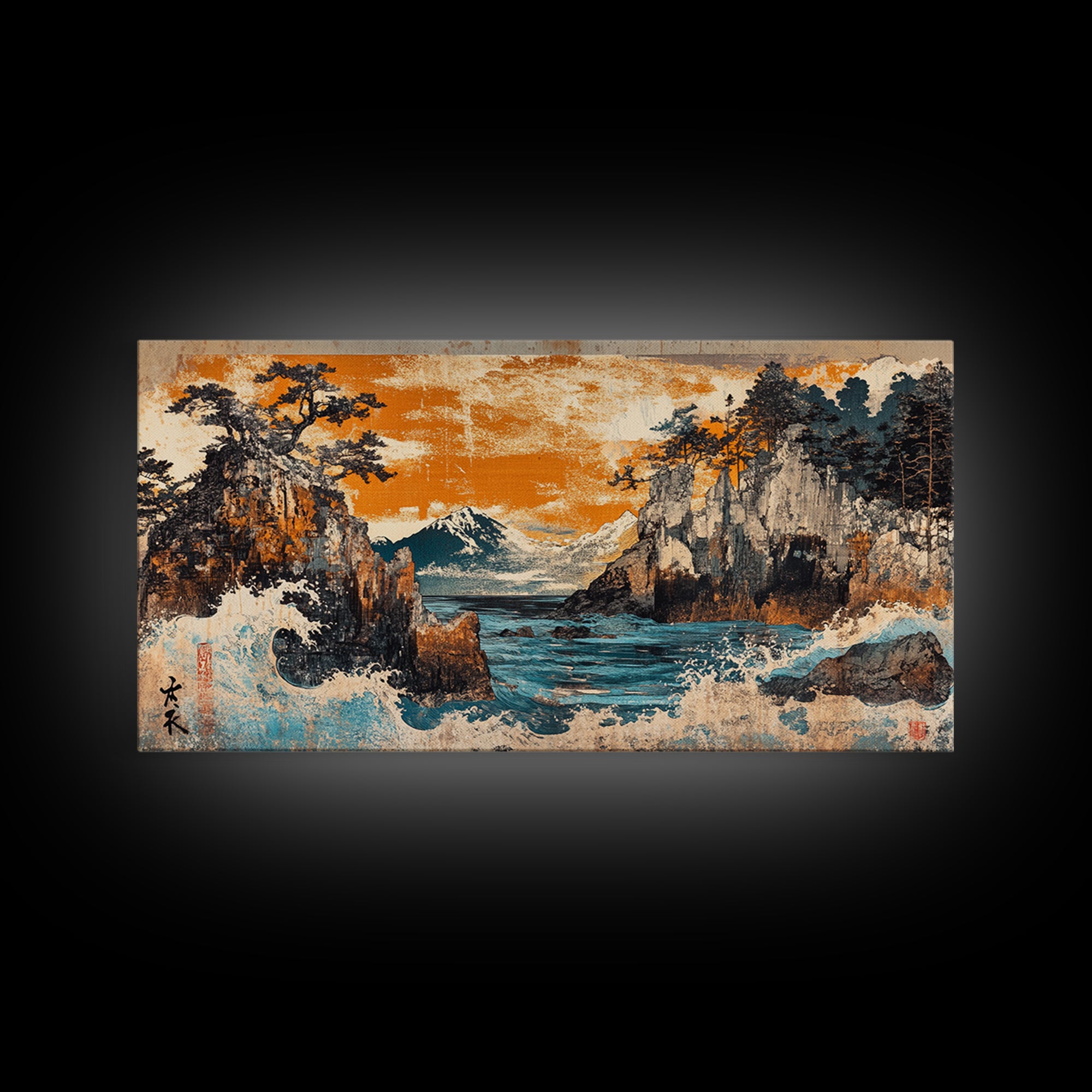 Mt Fuji Cliffs And Crashing Waves Framed Canvas Print, Japanese Wall Art, Coastal Landscape, Orange Sunset Living Room Decor