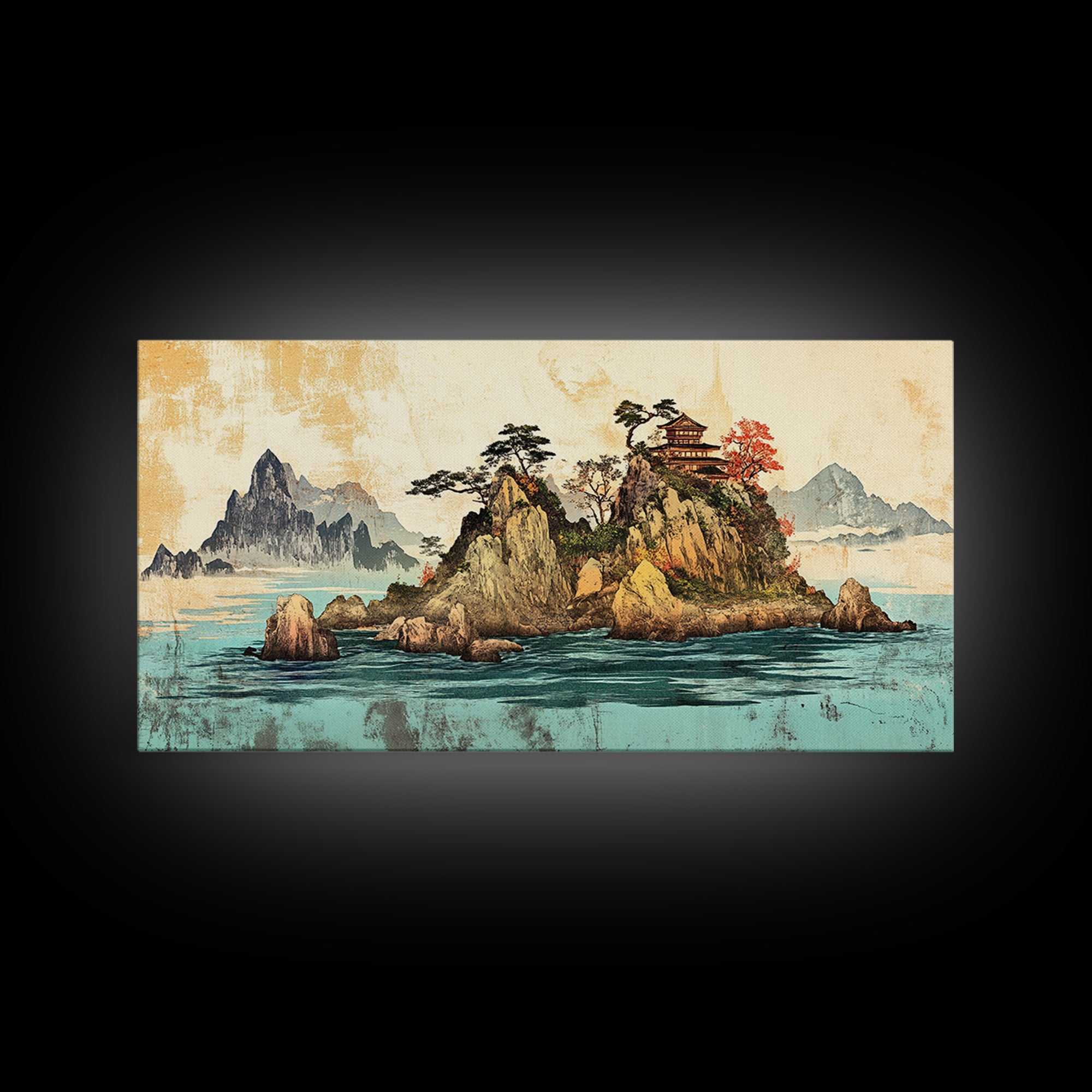 Island Pagoda And Mountain Sea Framed Canvas Print, Japanese Wall Art, Coastal Landscape, Zen Home Decor For Living Room