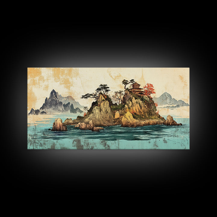 Island Pagoda And Mountain Sea Framed Canvas Print, Japanese Wall Art, Coastal Landscape, Zen Home Decor For Living Room