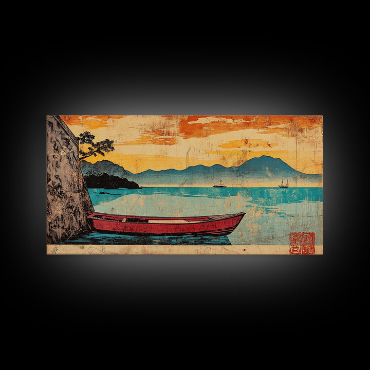 Red Boat On Turquoise Lake Framed Canvas Print, Japanese Landscape Wall Art, Orange Sunset Decor, Coastal Living Room Art