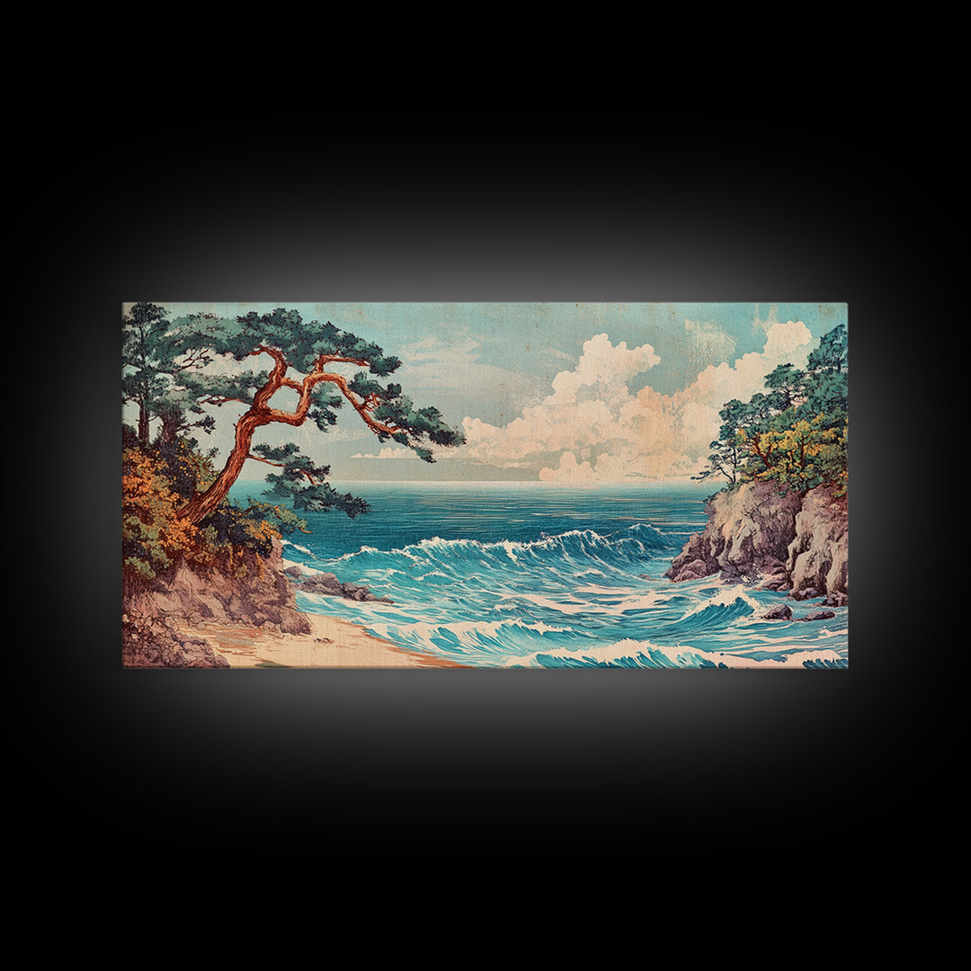 Pine Tree Coastal Cove Canvas Print, Japanese Seascape Wall Art, Ocean Waves, Beach House Decor, Calming Living Room Art
