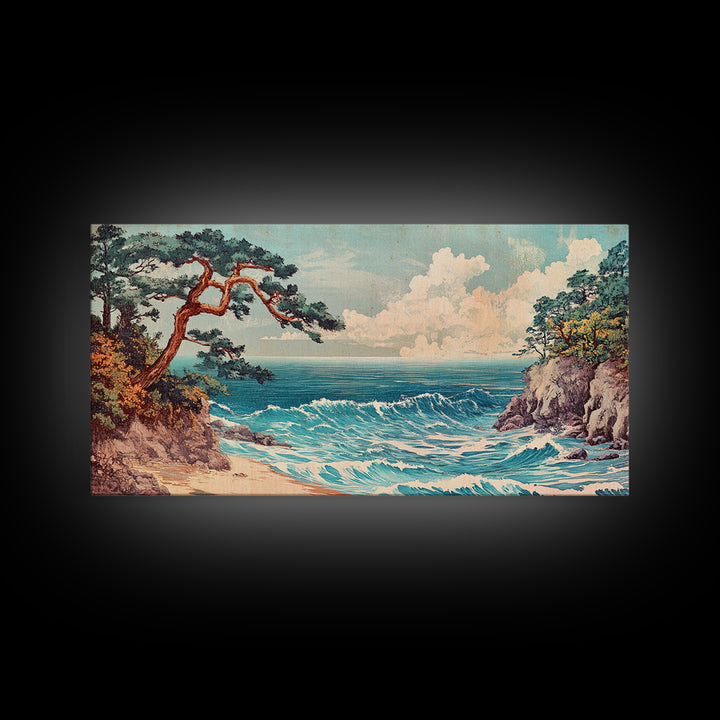 Pine Tree Coastal Cove Canvas Print, Japanese Seascape Wall Art, Ocean Waves, Beach House Decor, Calming Living Room Art