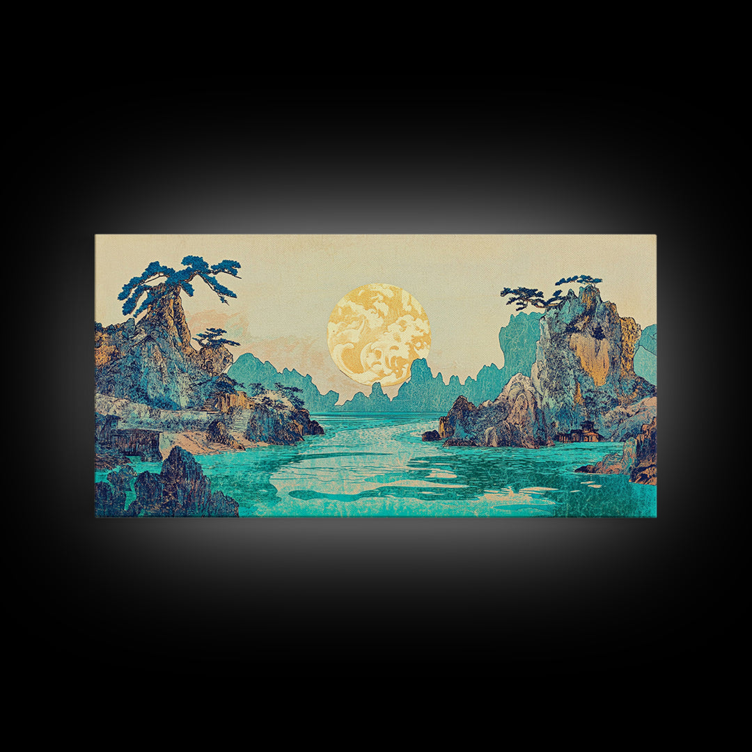 Golden Moon Tropical Seascape Framed Canvas Print, Japanese Wall Art, Coastal Landscape, Celestial Ocean Living Room Decor