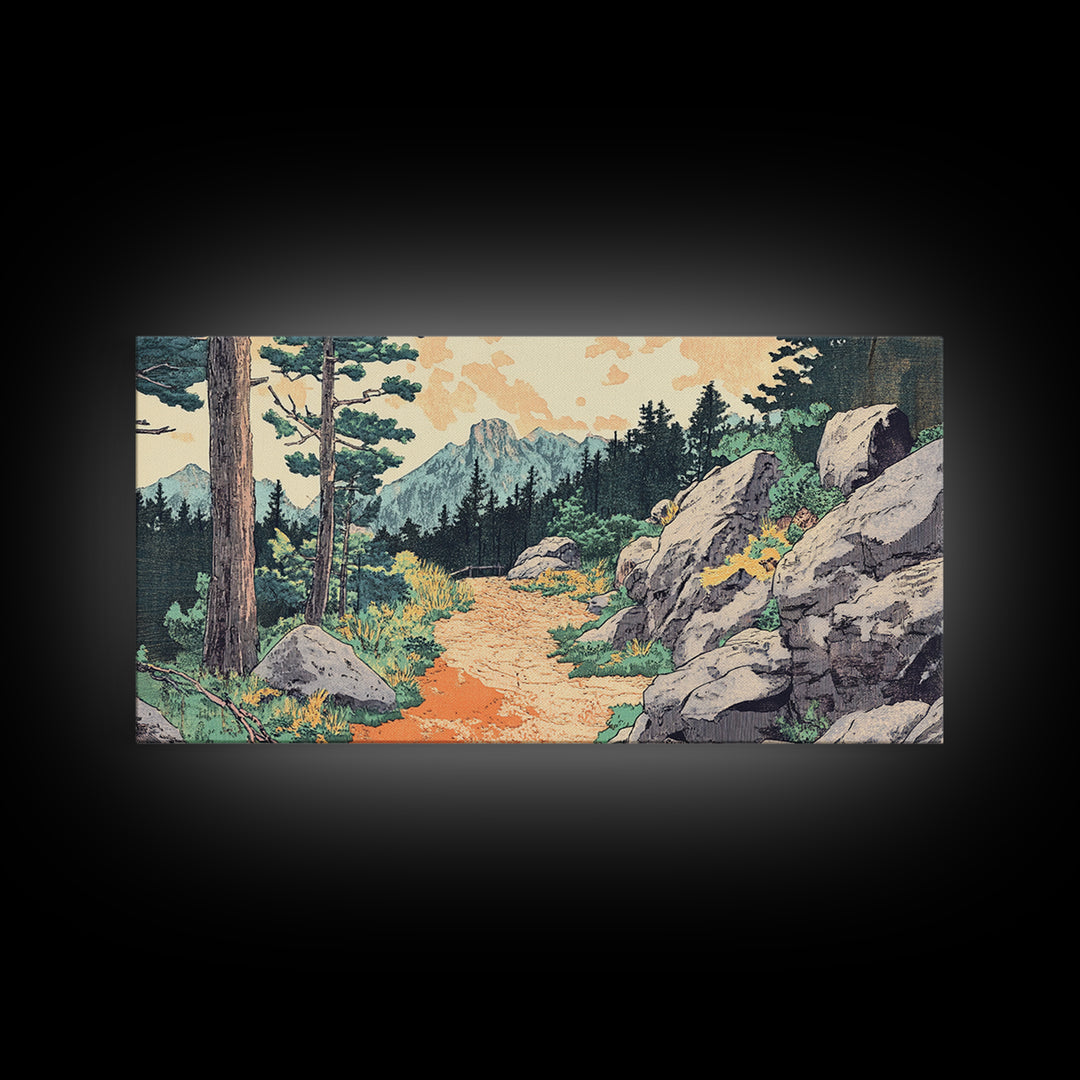 Mountain Forest Trail Framed Canvas Print, Japanese Landscape Wall Art, Pine Tree Nature Decor, Rustic Living Room Art Print
