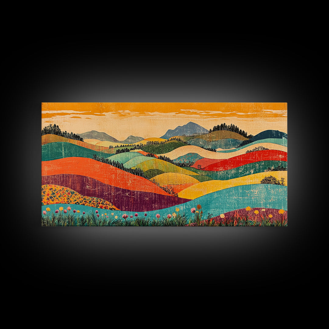 Colorful Rolling Hills And Wildflower Valley Wall Art, Modern Landscape Art Print, Boho Living Room Decor, Housewarming Gift