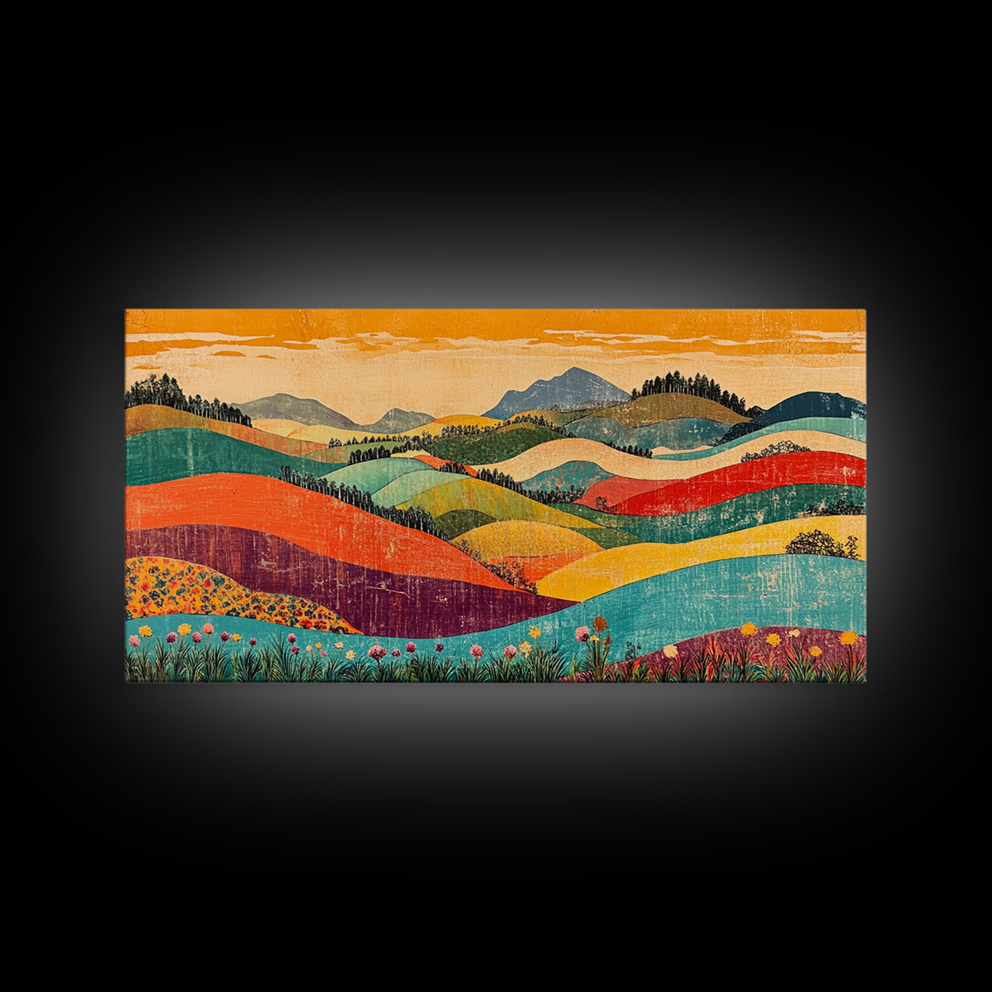 Colorful Rolling Hills And Wildflower Valley Wall Art, Modern Landscape Art Print, Boho Living Room Decor, Housewarming Gift