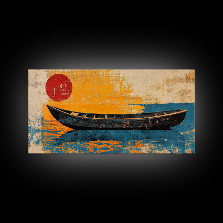 Black Canoe Red Sun Canvas Print, Minimalist Coastal Wall Art, Japanese Nautical Decor, Beach House Ocean Living Room Print