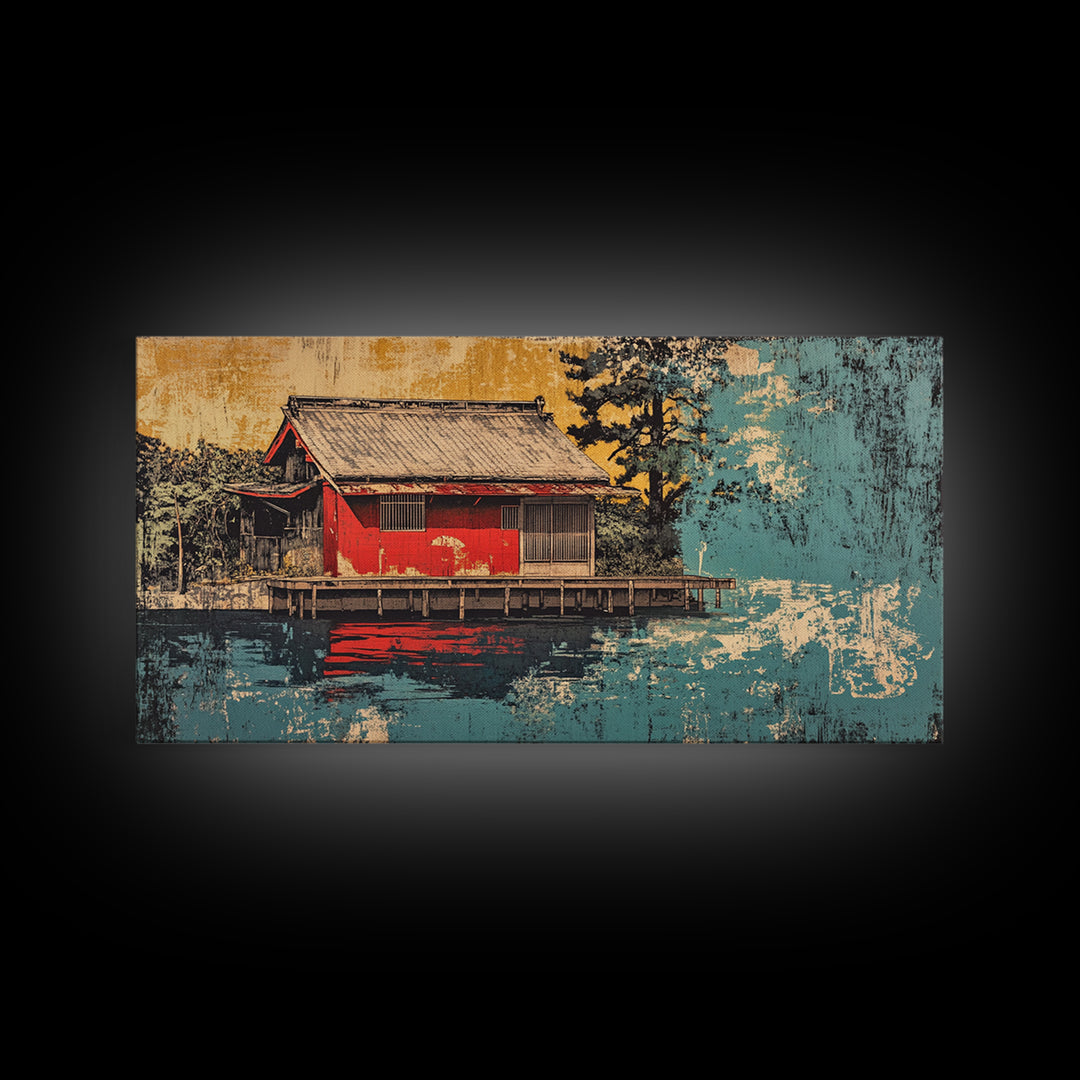 Red Lakeside Japanese House And Reflection Wall Art, Tranquil Water Canvas Print, Japandi Decor, Asian Inspired Living Room Art