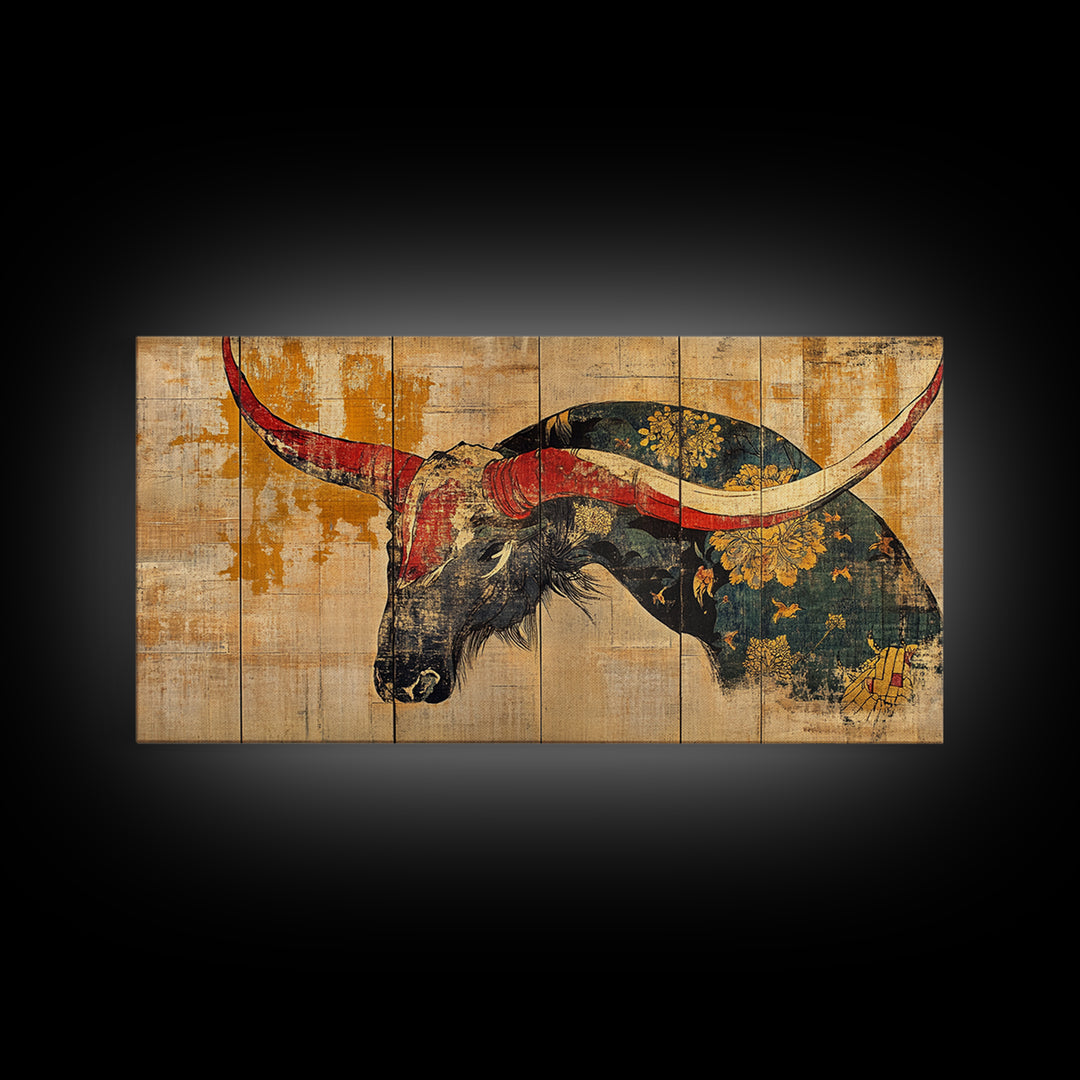 Longhorn Bull Horns Wall Art, Rustic Western Canvas Print, Southwestern Ranch Decor, Masculine Living Room Statement Art