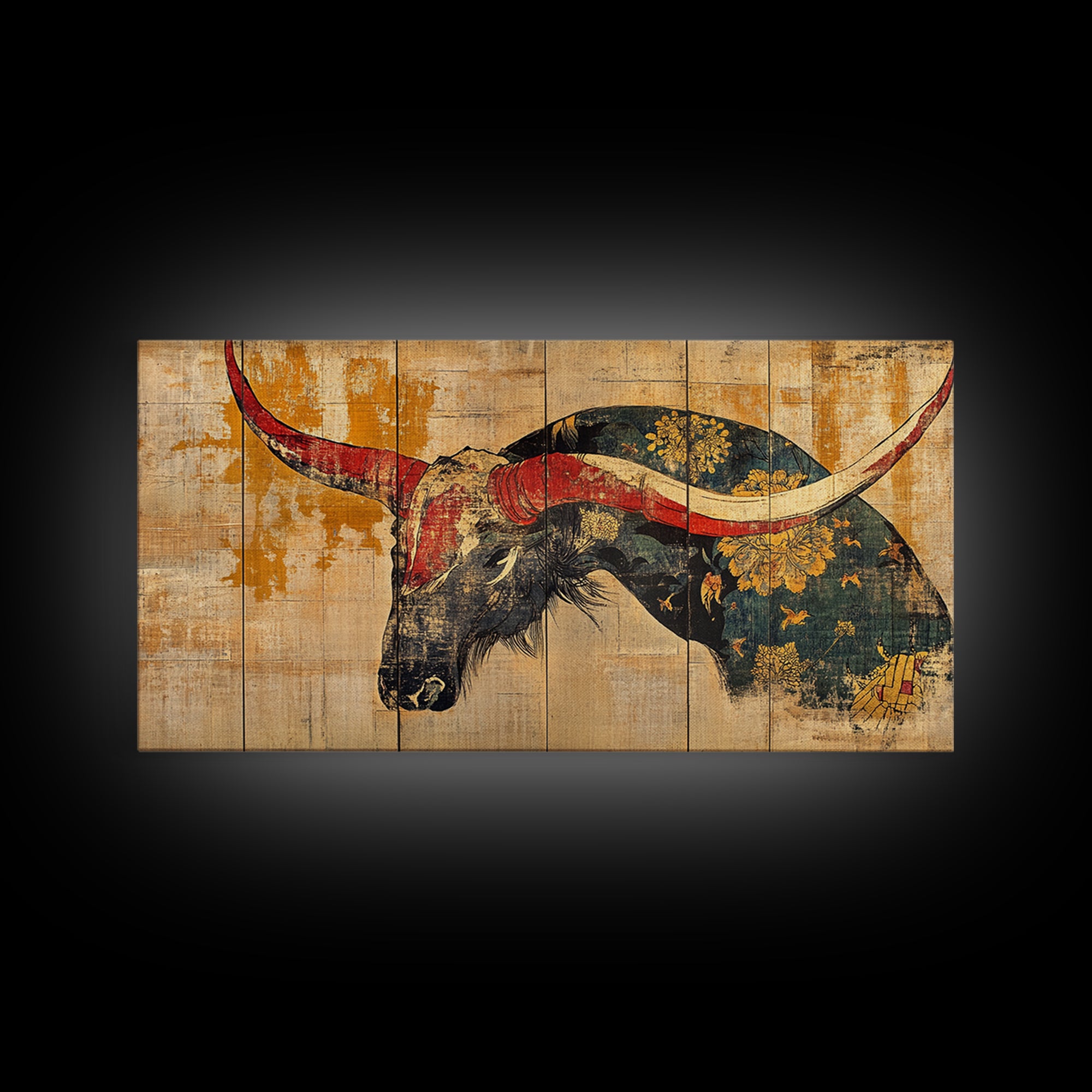 Longhorn Bull Horns Wall Art, Rustic Western Canvas Print, Southwestern Ranch Decor, Masculine Living Room Statement Art