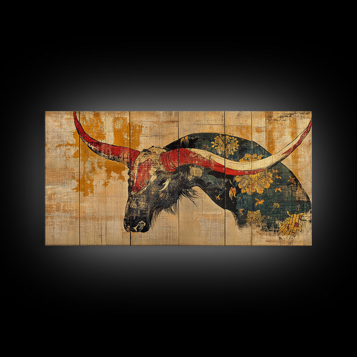 Longhorn Bull Horns Wall Art, Rustic Western Canvas Print, Southwestern Ranch Decor, Masculine Living Room Statement Art