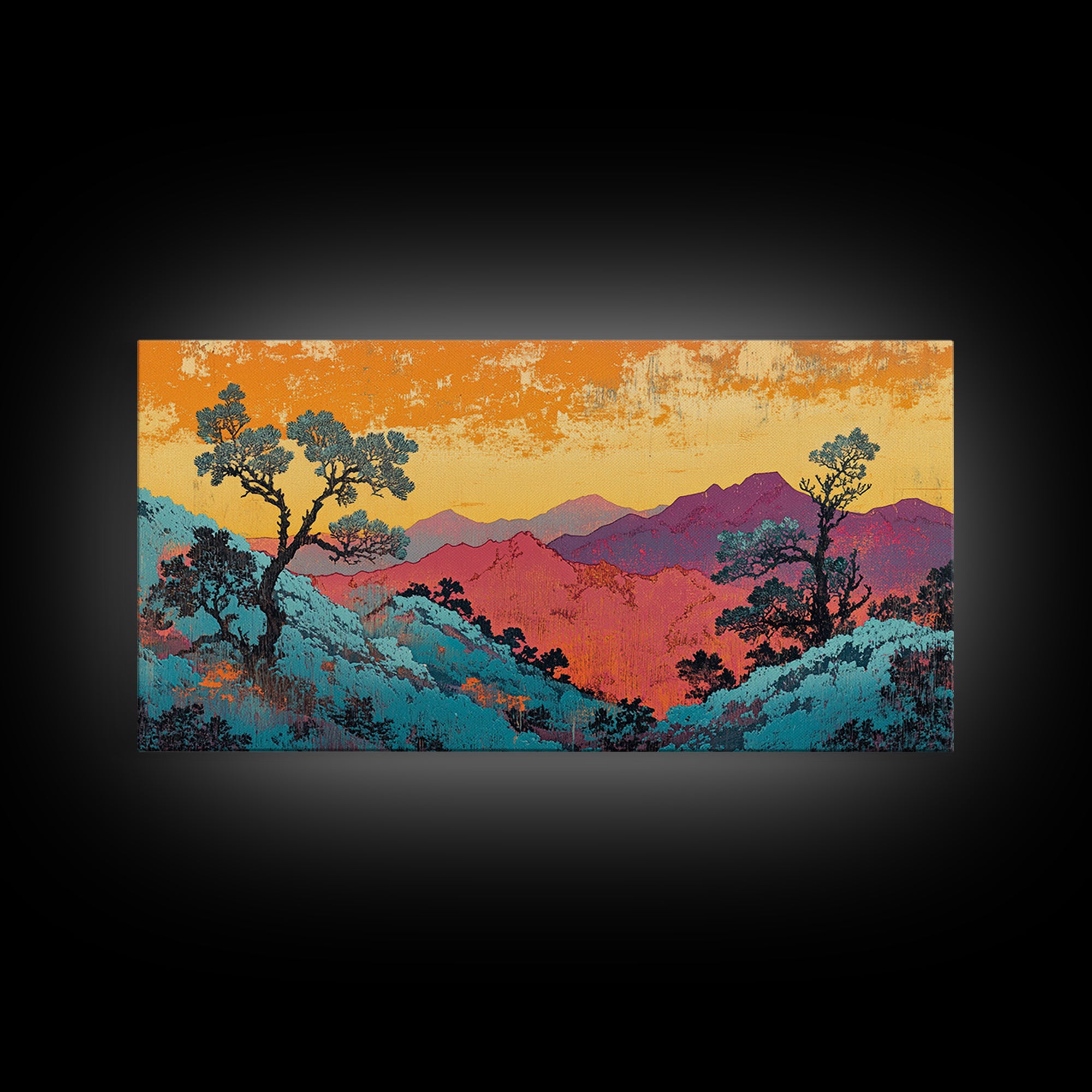 Teal And Purple Mountain Sunset Wall Art, Colorful Landscape Canvas, Southwestern Decor, Large Living Room Art Print, Housewarming Gift