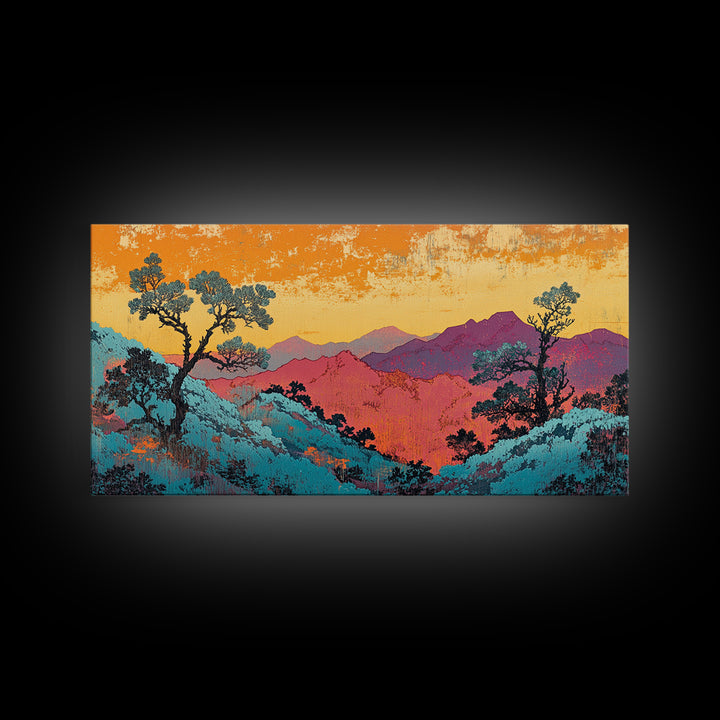 Teal And Purple Mountain Sunset Wall Art, Colorful Landscape Canvas, Southwestern Decor, Large Living Room Art Print, Housewarming Gift
