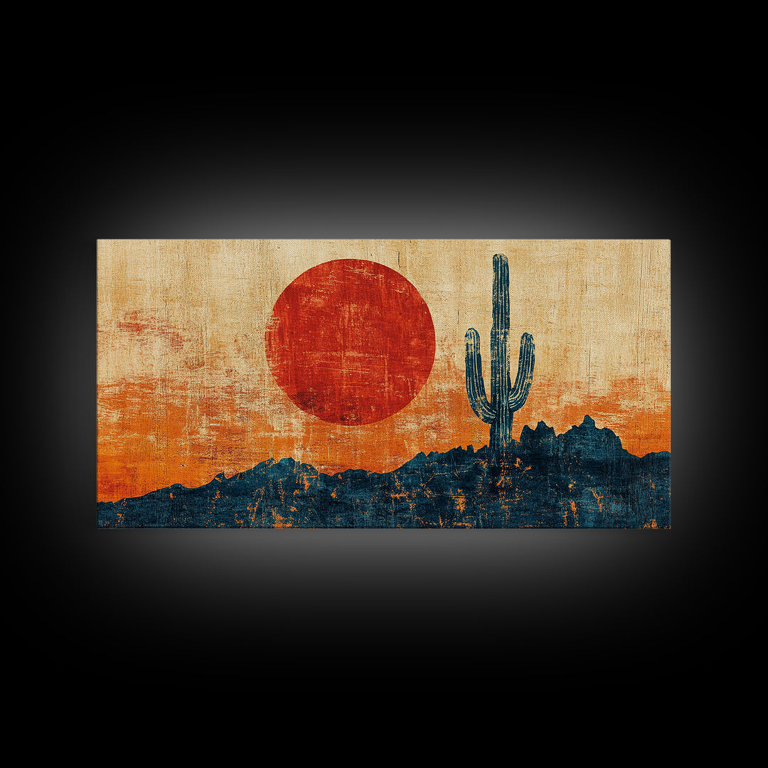 Red Sun Saguaro Cactus Desert Canvas Print, Southwestern Wall Art, Boho Western Decor, Rustic Living Room Statement Gift