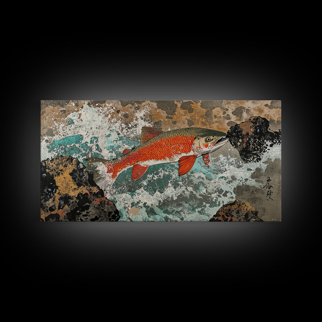 Red River Fish Among Rocks Framed Canvas Print, Japanese Gyotaku Wall Art, Nautical Wildlife Decor, Angler Lake House Gift