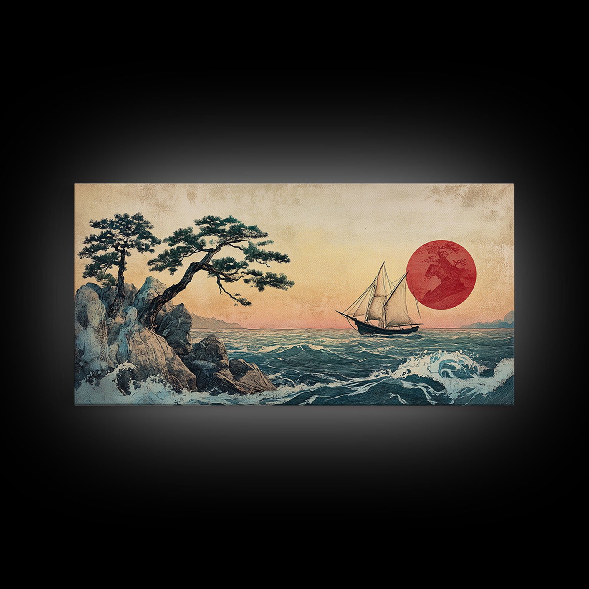 Japanese Sailboat And Red Sun Canvas Print, Coastal Wall Art, Ukiyo E Style Ocean Decor, Asian Inspired Art, Home Decor, Travel Poster