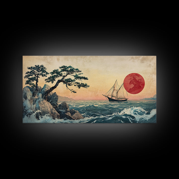 Japanese Sailboat And Red Sun Canvas Print, Coastal Wall Art, Ukiyo E Style Ocean Decor, Asian Inspired Art, Home Decor, Travel Poster