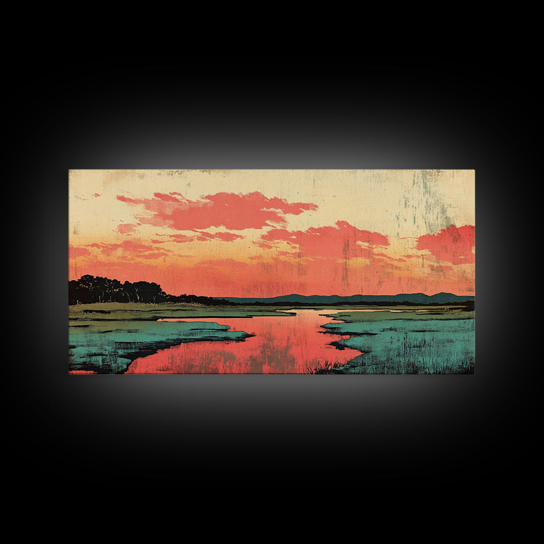 Coral Sunset Marsh Landscape Wall Art, Abstract Landscape Print, Teal Living Room Decor, Modern Coastal Home Decor, Large Wall Art