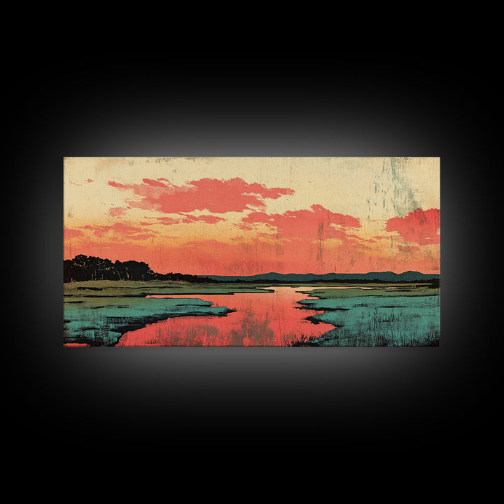 Coral Sunset Marsh Landscape Wall Art, Abstract Landscape Print, Teal Living Room Decor, Modern Coastal Home Decor, Large Wall Art