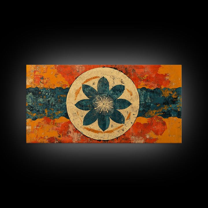 Teal Lotus Flower Circle Wall Art, Retro Abstract Canvas Print, Mid Century Modern Decor, Orange Blue Zen Home Decor, Statement Artwork