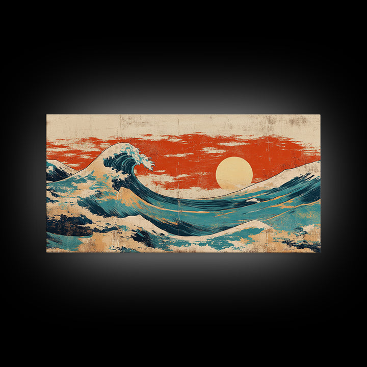 Japanese Great Wave Canvas Print, Red Sunset Ocean Wall Art, Ukiyo E Inspired Seascape, Coastal Living Room Decor, Home Decor