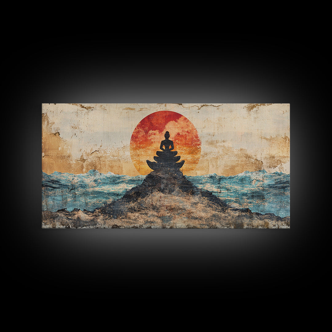 Buddha Meditation On Ocean Rocks Wall Art, Zen Canvas Print, Spiritual Decor, Mindfulness Art, Yoga Room Wall Decor, Calming Wall Art