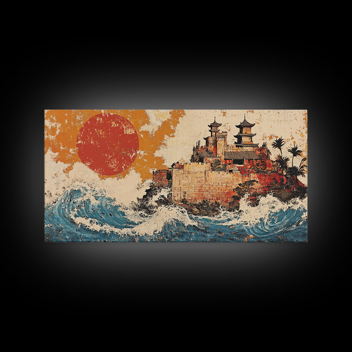 Asian Coastal Castle With Red Sun Canvas Print, Japanese Wall Art, Ocean Waves, Travel Poster, Statement Home Decor, Large Wall Art