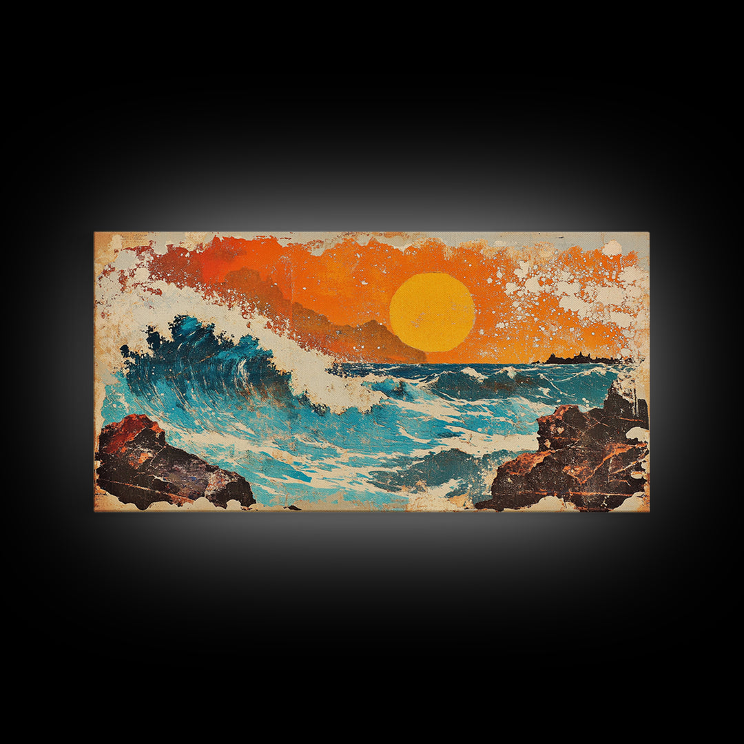 Rocky Ocean Sunset Wave Wall Art, Abstract Seascape Canvas Print, Coastal Living Room Decor, Beach House Home Decor, Large Wall Art