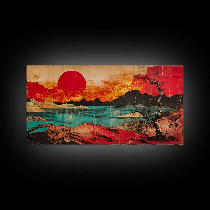 Red Sun Mountain Lake Wall Art, Japanese Sunset Landscape Canvas Print, Bold Desert Decor, Modern Living Room Statement Art