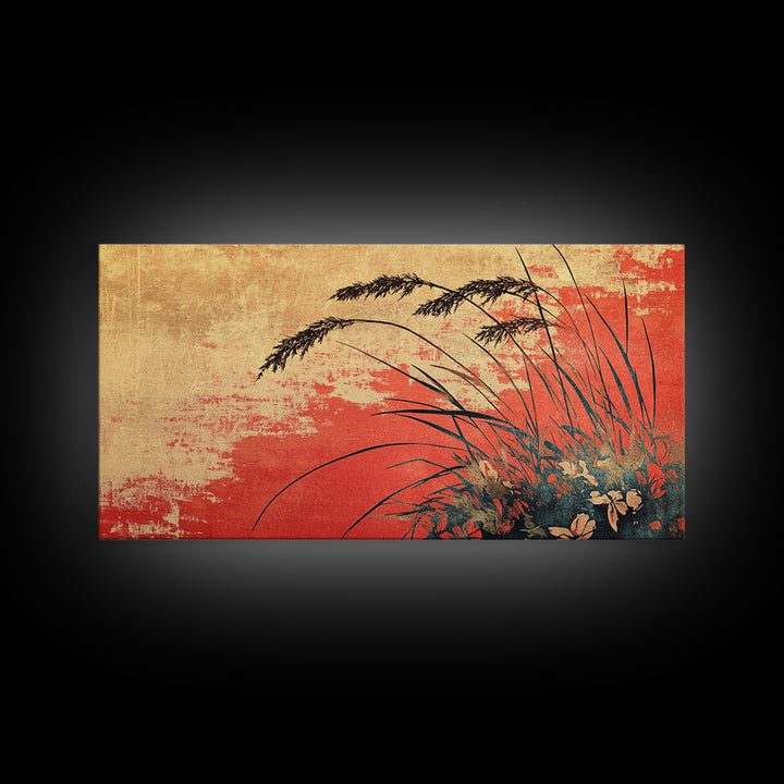 Red Sunset Grassland Wall Art, Botanical Landscape Canvas Print, Rustic Nature Decor, Warm Earth Tone Modern Living Room Art