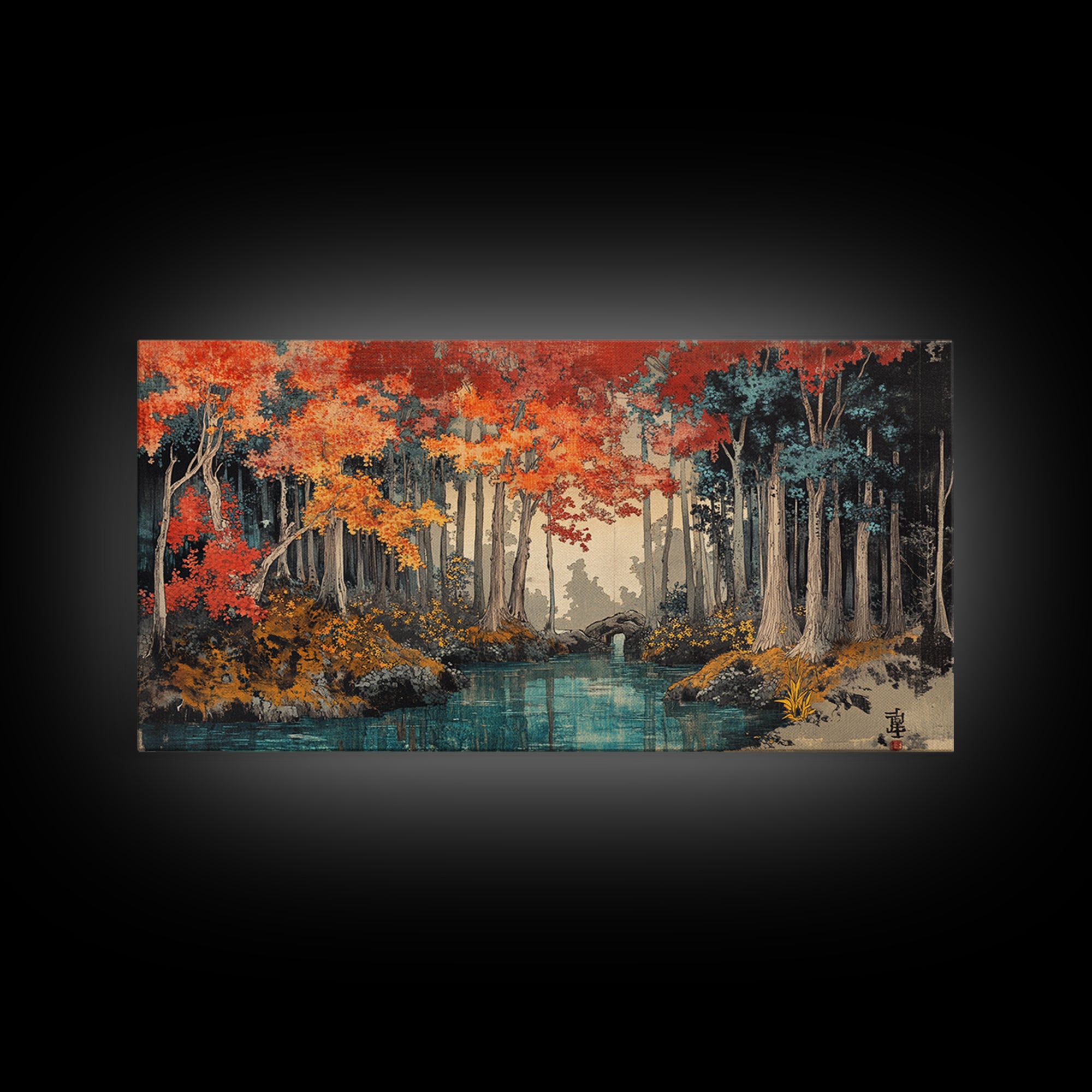 Autumn Forest River Wall Art, Japanese Landscape Canvas Print, Moody Woodland Decor, Large Living Room Wall Decor, Above Sofa Art
