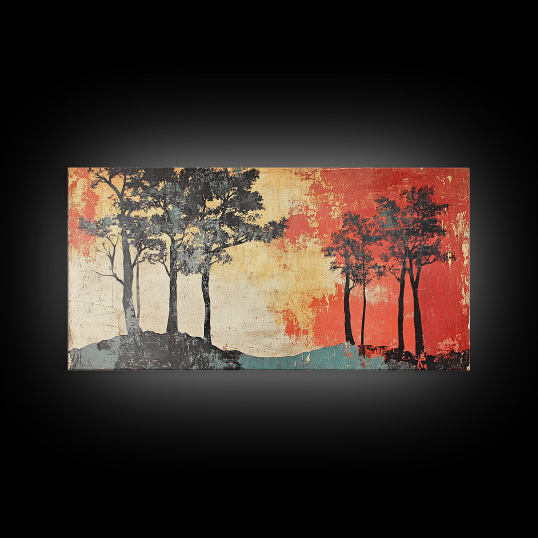 Silhouette Trees With Red Sky Wall Art, Abstract Landscape Canvas Print, Modern Rustic Decor, Wide Horizontal Wall Art Print