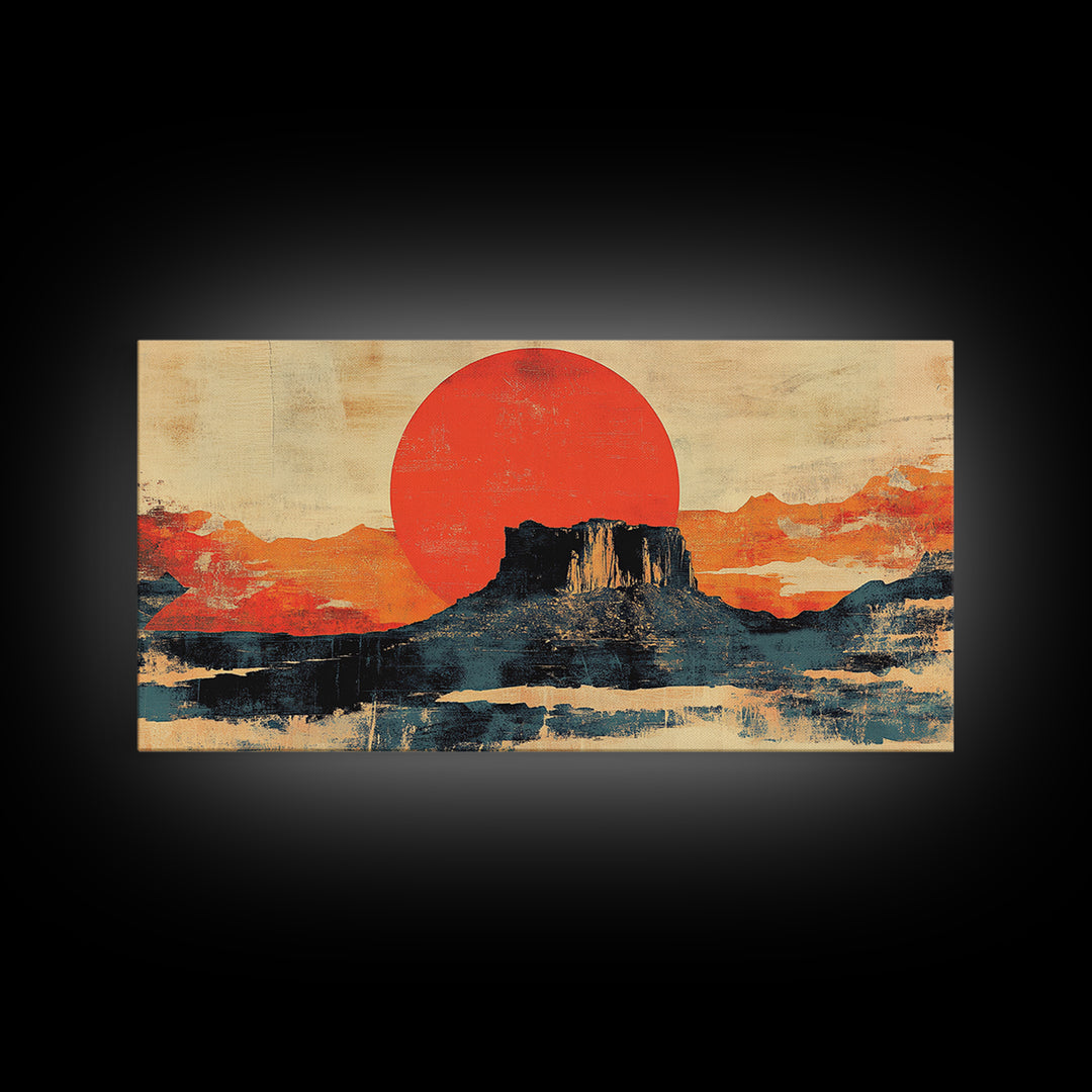 Desert Mesa Red Sun Wall Art, Southwestern Landscape Canvas Print, Modern Western Decor, Large Horizontal Living Room Art