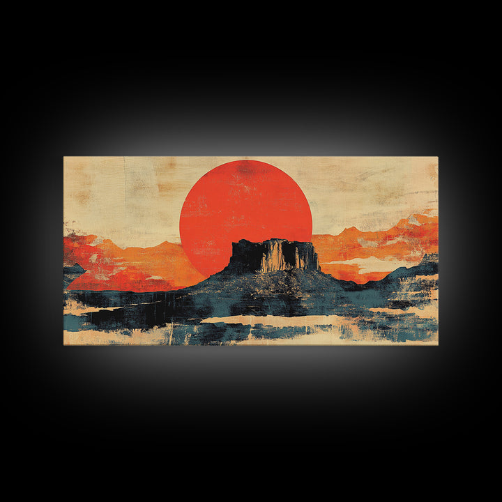 Desert Mesa Red Sun Wall Art, Southwestern Landscape Canvas Print, Modern Western Decor, Large Horizontal Living Room Art