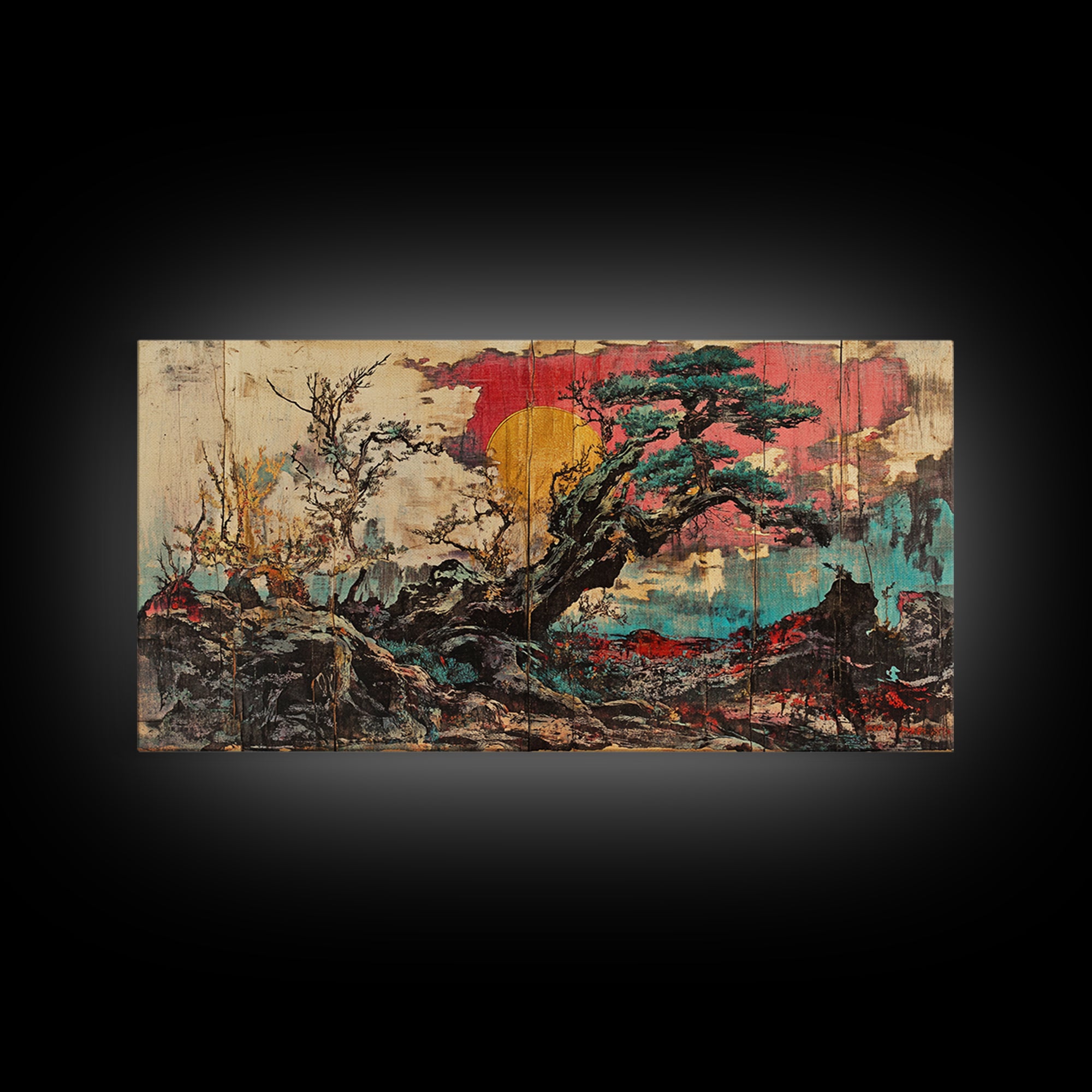 Ancient Pine Tree Sunset Over Misty Rocks Wall Art, Japanese Landscape Print, Zen Nature Decor For Calm Living Room Decor, Home Decor