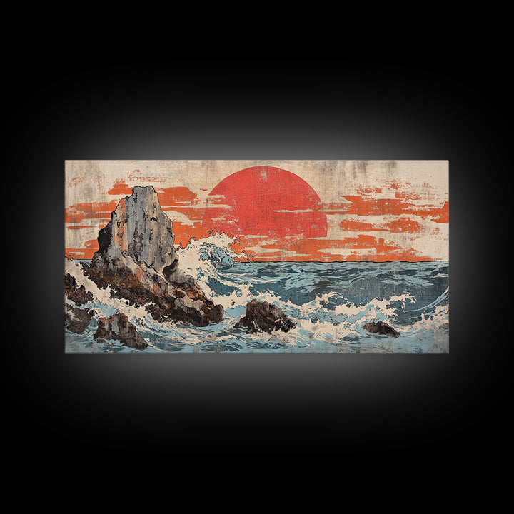 Rocky Ocean Cliffs With Red Sun And Crashing Waves Canvas Print, Japanese Coastal Wall Decor, Large Seascape Art, Living Room Wall Art