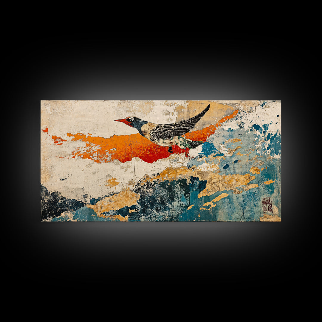 Black And White Bird In Orange Blue Abstract Sky Wall Art, Japanese Nature Print, Whimsical Animal Decor For Home Decor