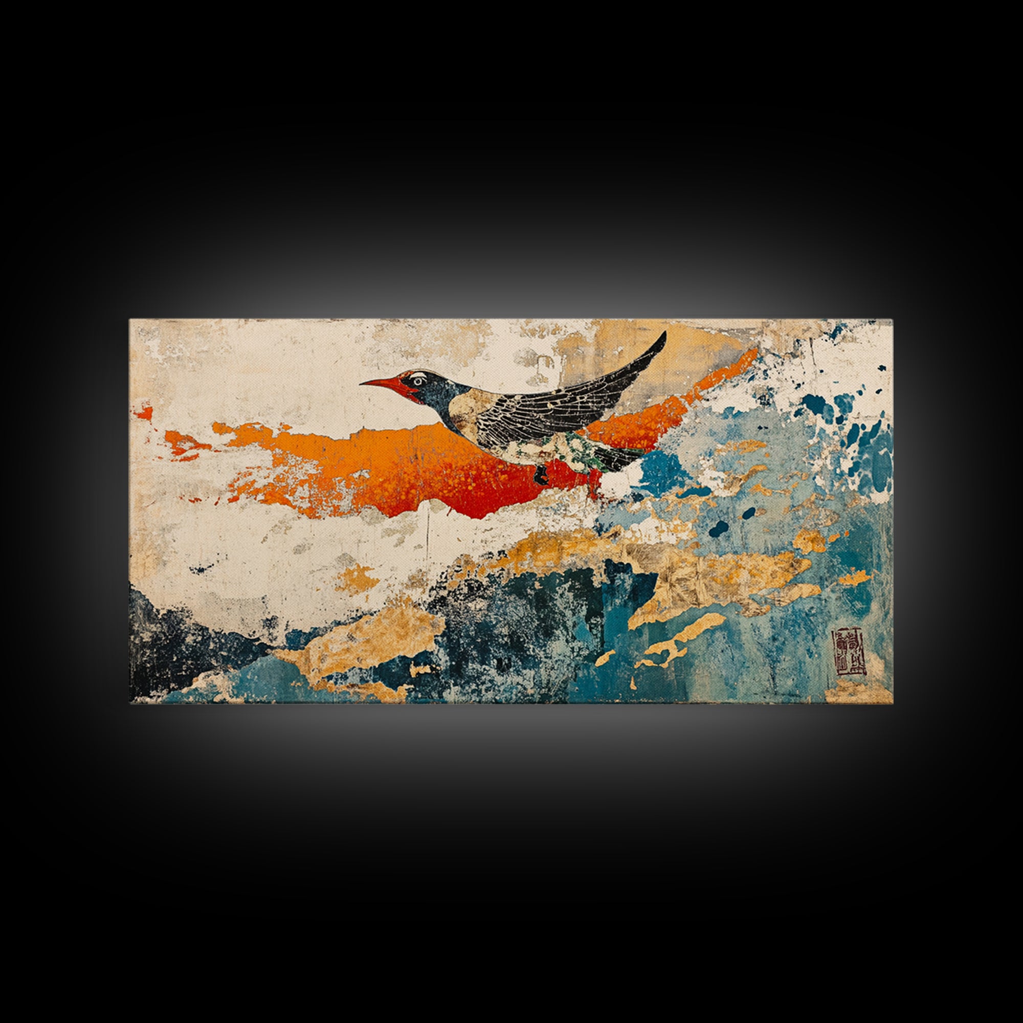 Black And White Bird In Orange Blue Abstract Sky Wall Art, Japanese Nature Print, Whimsical Animal Decor For Home Decor