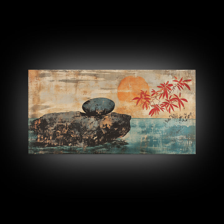 Zen Stone On Sea Cliff At Sunset Canvas Print, Japanese Minimalist Wall Art, Calm Coastal Decor, Spa Home Decor, Living Room Art