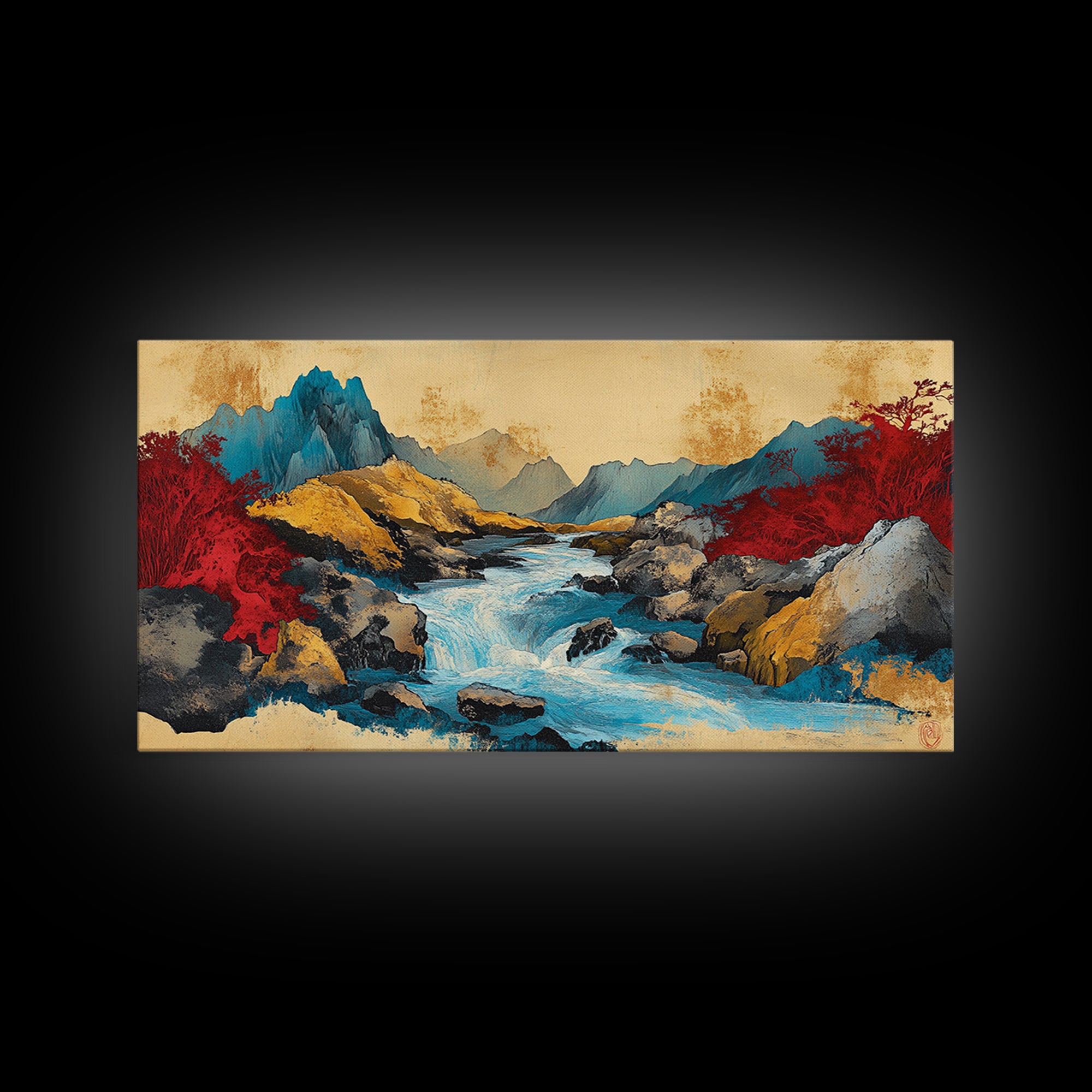 Turquoise Mountain River And Red Autumn Trees Wall Art, Panoramic Landscape Canvas, Modern Nature Decor, Living Room Print