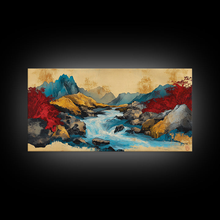 Turquoise Mountain River And Red Autumn Trees Wall Art, Panoramic Landscape Canvas, Modern Nature Decor, Living Room Print