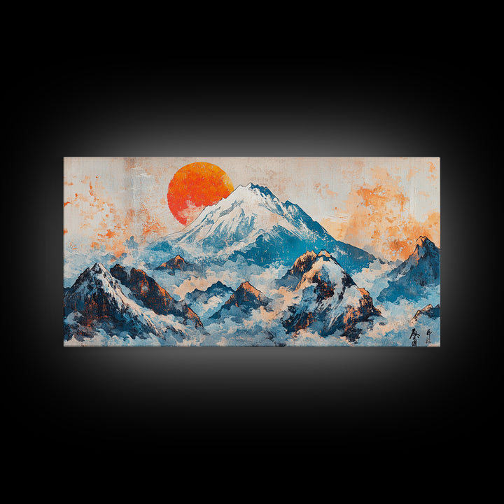 Snowy Blue Mountains And Rising Orange Sun Framed Canvas Print, Japanese Landscape Wall Art, Large Modern Living Room Decor