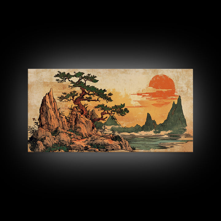 Twisted Pine On Rocky Coast At Sunset Canvas Print, Japanese Landscape Wall Art, Modern Coastal Japandi Living Room Decor
