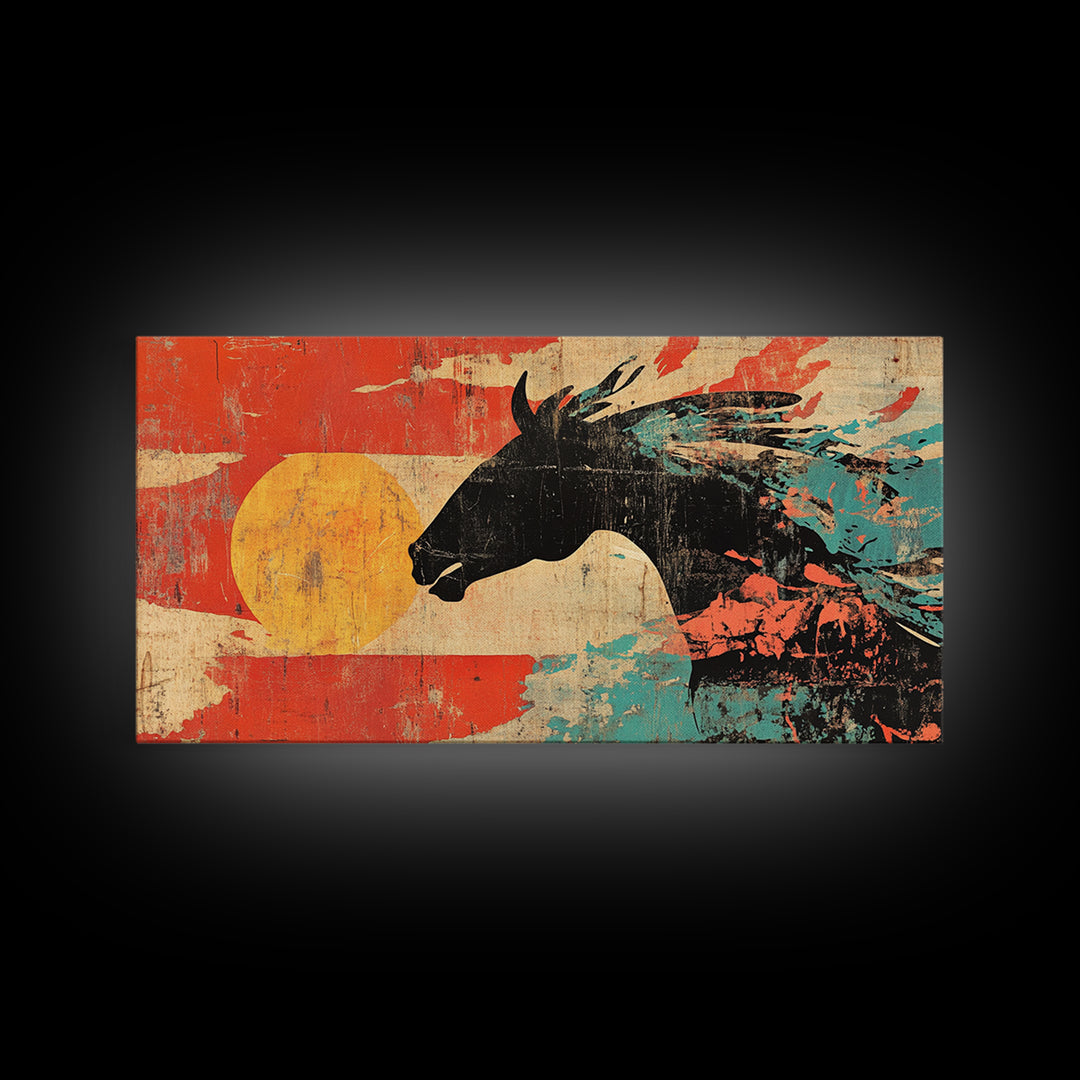 Black Wild Horse Silhouette With Red Sun Wall Art, Western Abstract Canvas Print, Rustic Cowboy Decor For Living Room Gift