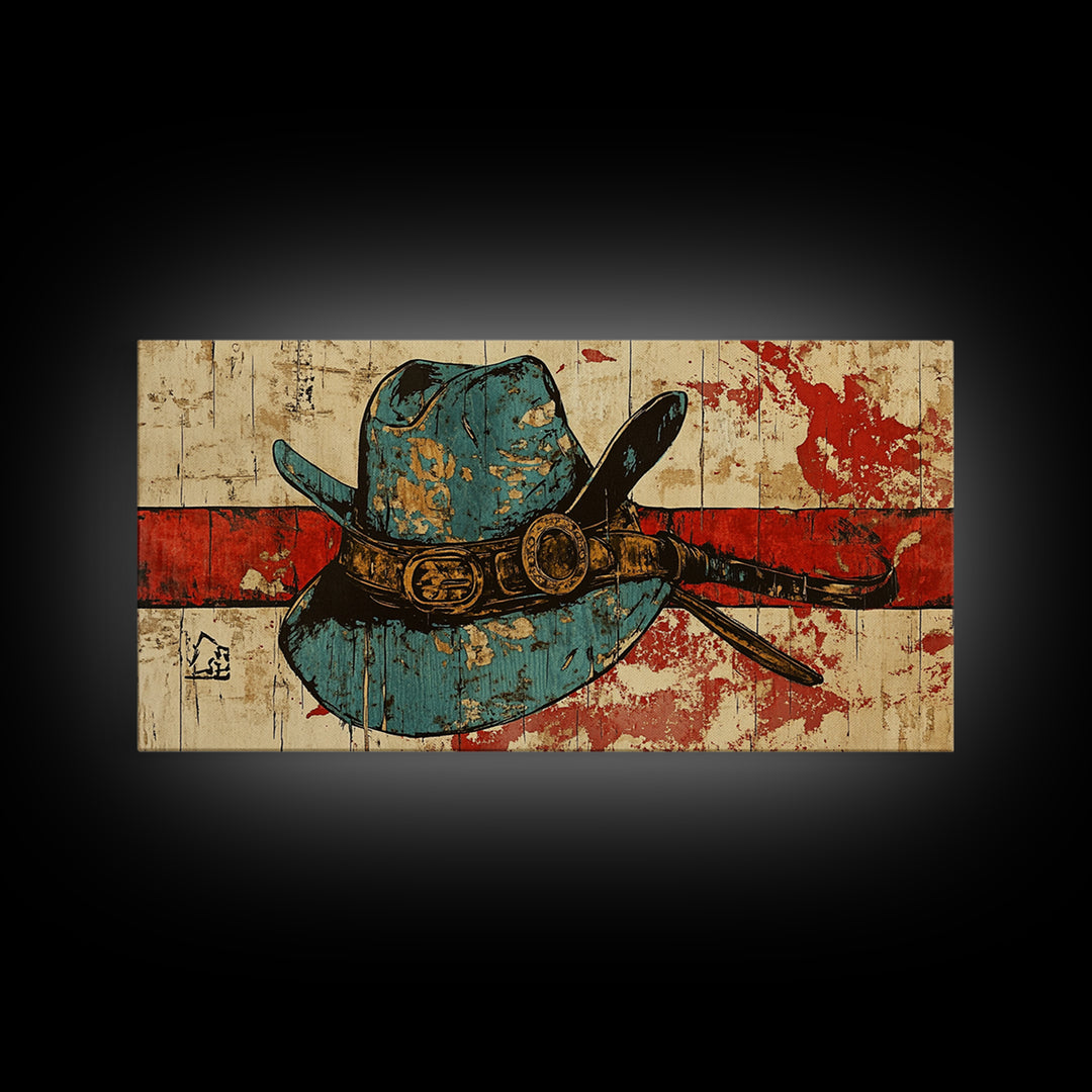 Turquoise Cowboy Hat And Lasso On Rustic Wood Wall Art, Western Canvas Print, Ranch Living Room Decor, Gift For Horse Lover