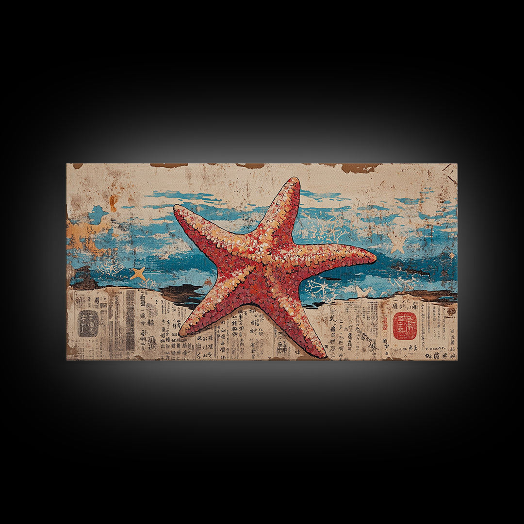 Pink Starfish On Weathered Ocean Pages Wall Art, Coastal Canvas Print, Beach House Living Room Decor, Nautical Bathroom Art