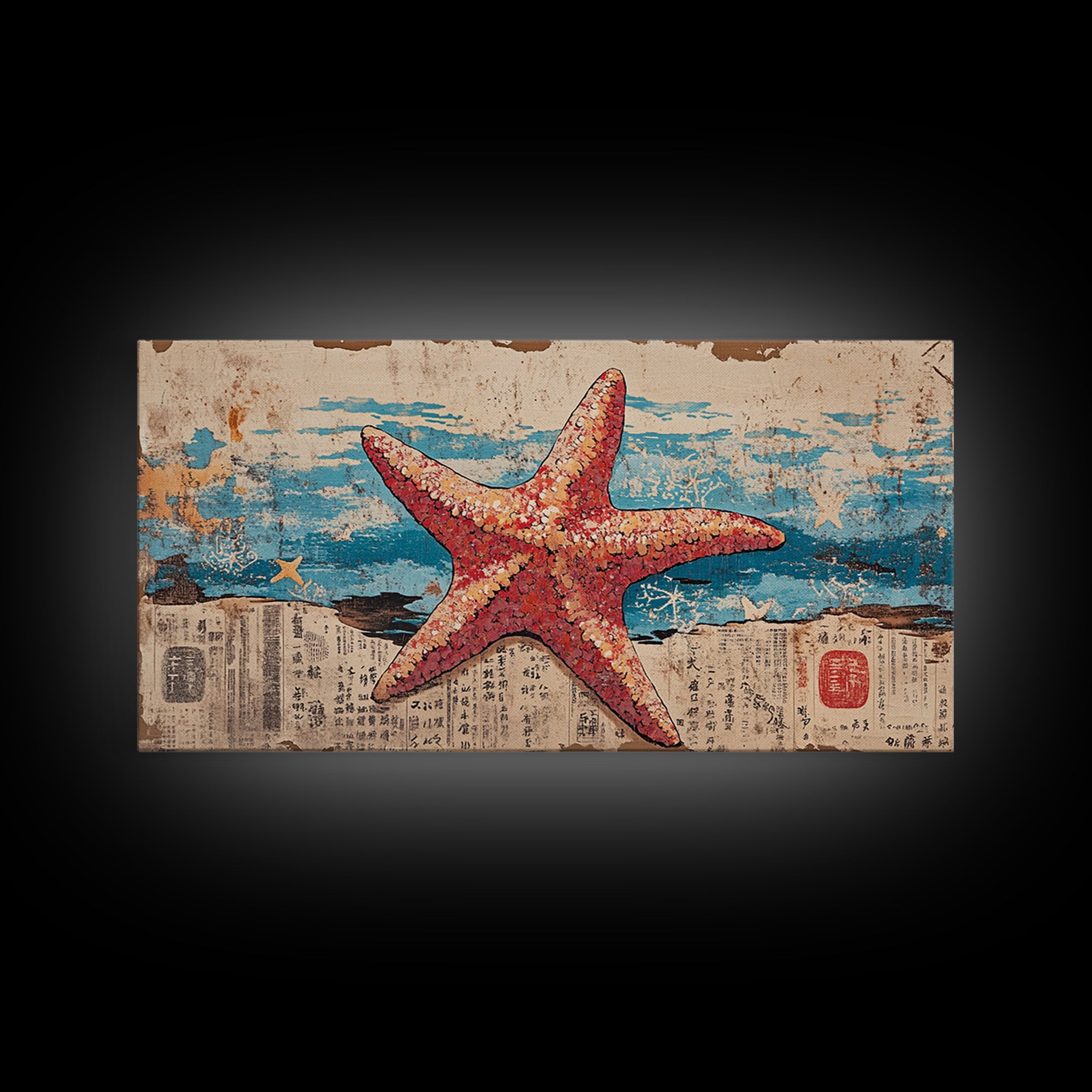 Pink Starfish On Weathered Ocean Pages Wall Art, Coastal Canvas Print, Beach House Living Room Decor, Nautical Bathroom Art